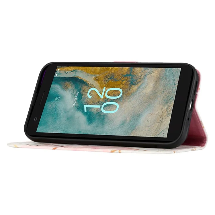 Serie de Impresión de Patrones de Cuero YB-5 para Nokia C02 (TA-1522) Funda de Billetera Tipo Tapa Patrón de Mármol Cubierta de Teléfono de Pie - Rosa+Blanco LS002