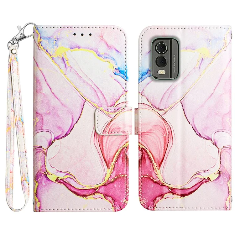 YB Pattern Printing Leather Series-5 pour Nokia C32 (TA-1534) Marble Pattern Phone Case Wallet Stand Cover avec sangle - Rose Gold LS005