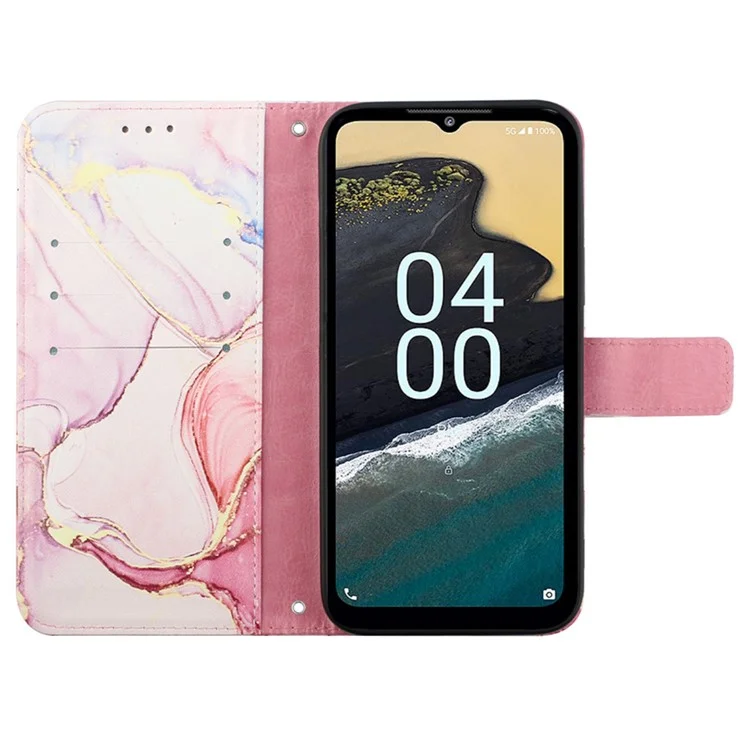 YB Pattern Printing Leather Series-5 pour Nokia C32 (TA-1534) Marble Pattern Phone Case Wallet Stand Cover avec sangle - Rose Gold LS005