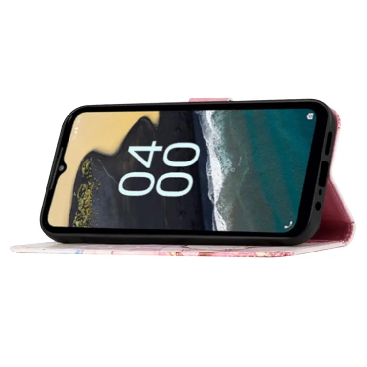 YB Pattern Printing Leather Series-5 pour Nokia C32 (TA-1534) Marble Pattern Phone Case Wallet Stand Cover avec sangle - Rose Gold LS005