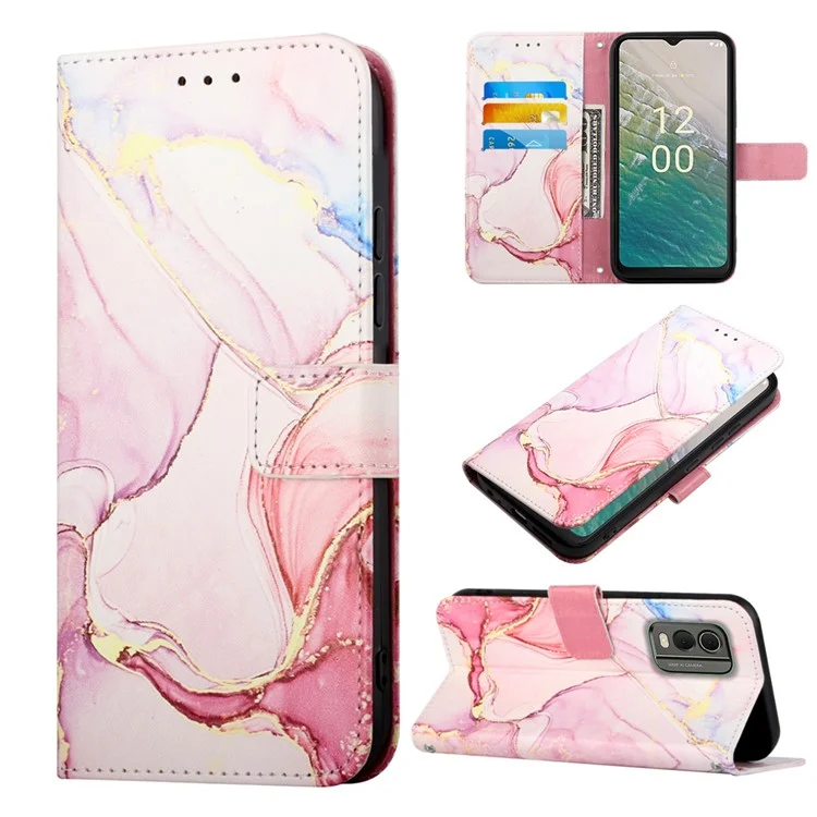 YB Pattern Printing Leather Series-5 pour Nokia C32 (TA-1534) Marble Pattern Phone Case Wallet Stand Cover avec sangle - Rose Gold LS005