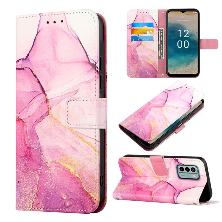 YB Pattern Printing Leather Series-5 Flip Cover para Nokia G22, estuche protector de cartera de soporte con patrón de mármol - Rosa+Púrpura+Oro LS001