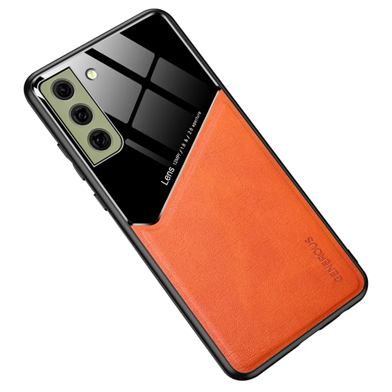 For Samsung Galaxy S21 FE 5G Leather Coated TPU + PC Case Phone Cover with Car Mount Metal Sheet - Orange