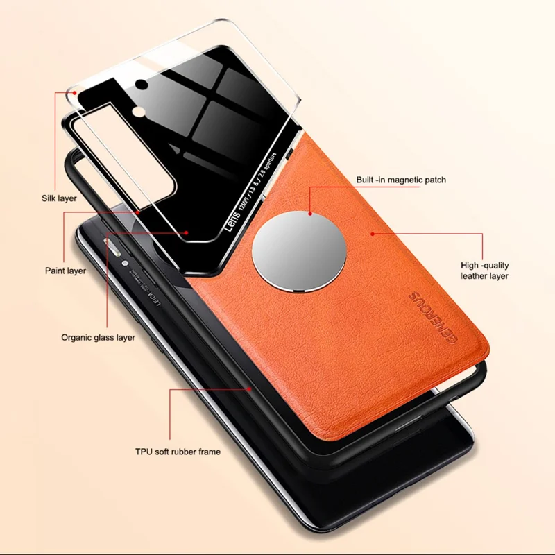 For Samsung Galaxy S21 FE 5G Leather Coated TPU + PC Case Phone Cover with Car Mount Metal Sheet - Orange