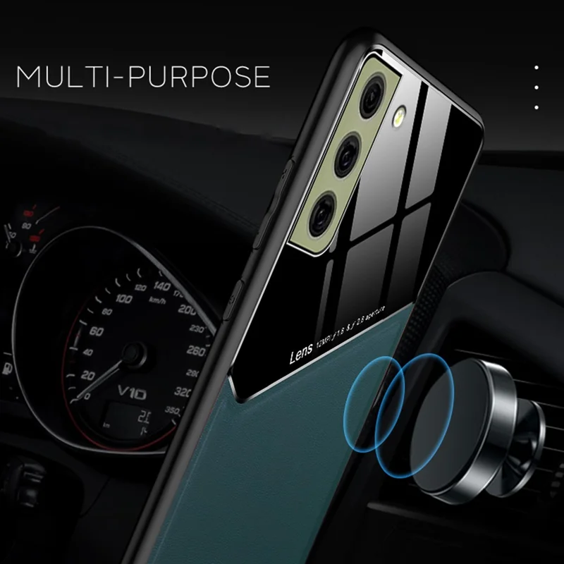 For Samsung Galaxy S21 FE 5G Leather Coated TPU + PC Case Phone Cover with Car Mount Metal Sheet - Orange