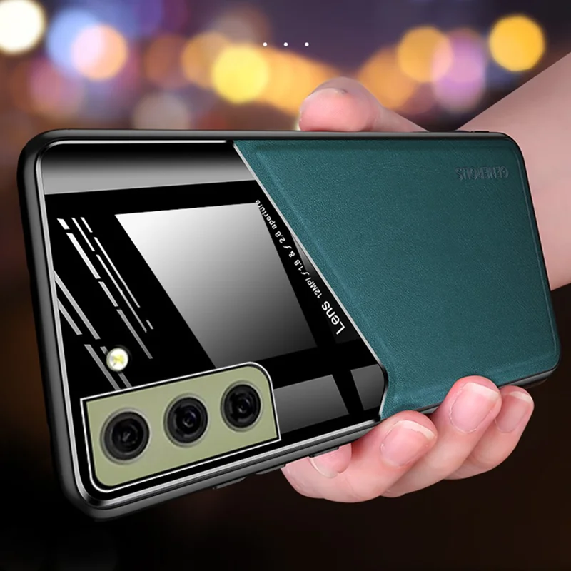 For Samsung Galaxy S21 FE 5G Leather Coated TPU + PC Case Phone Cover with Car Mount Metal Sheet - Orange