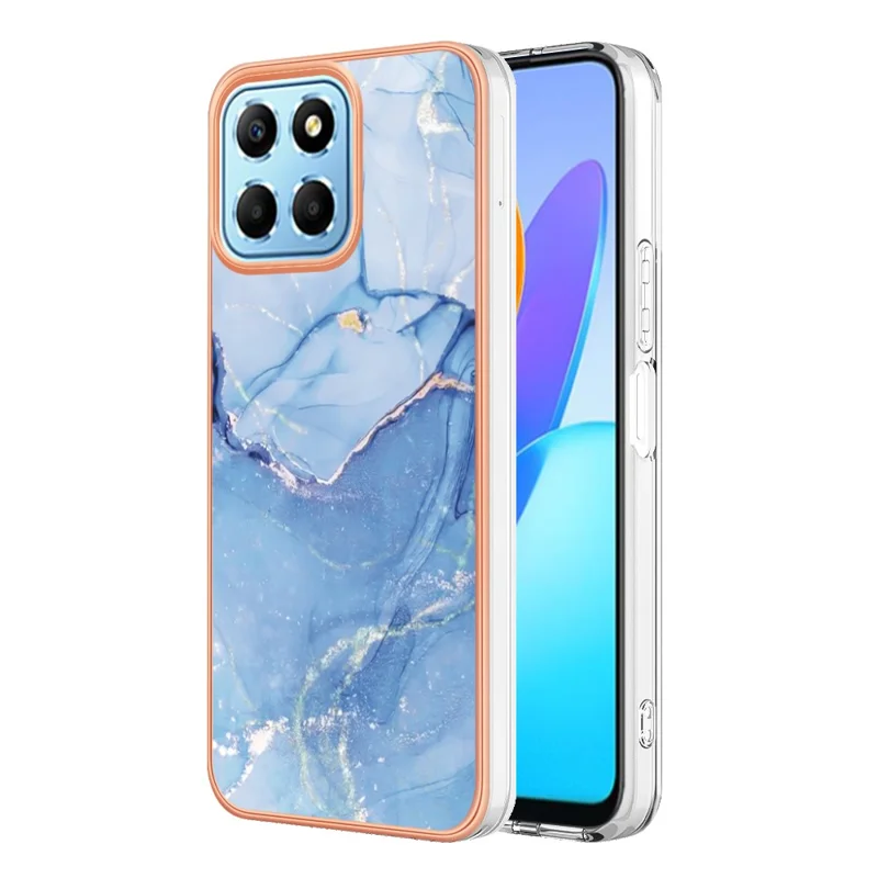 YB IMD Series-16 Style E Marble Pattern TPU Case for Honor X8 5G , Electroplating 2.0mm IMD Phone Cover - Blue