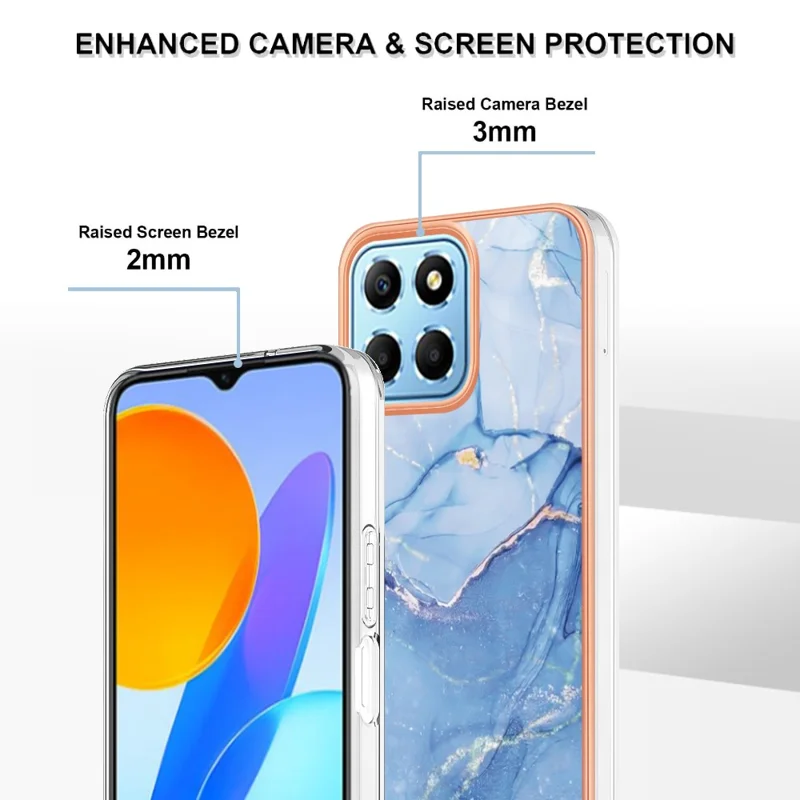 YB IMD Series-16 Style E Marble Pattern TPU Case for Honor X8 5G , Electroplating 2.0mm IMD Phone Cover - Blue