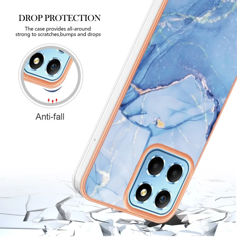 YB IMD Series-16 Style E Marble Pattern TPU Case for Honor X8 5G , Electroplating 2.0mm IMD Phone Cover - Blue