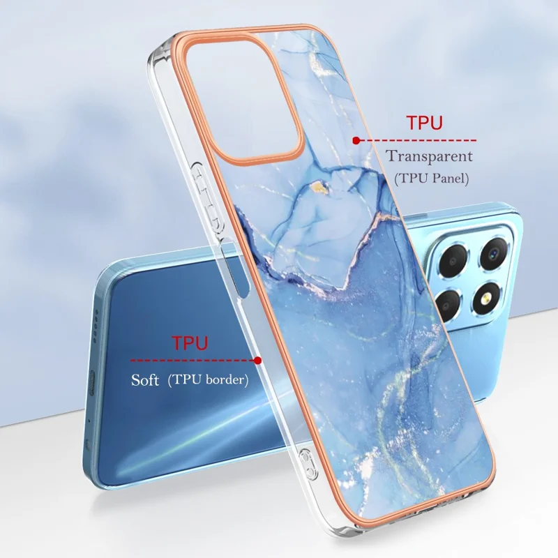 YB IMD Series-16 Style E Marble Pattern TPU Case for Honor X8 5G , Electroplating 2.0mm IMD Phone Cover - Blue