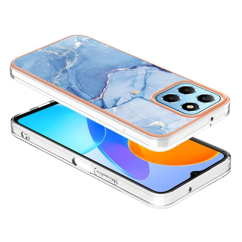 YB IMD Series-16 Style E Marble Pattern TPU Case for Honor X8 5G , Electroplating 2.0mm IMD Phone Cover - Blue