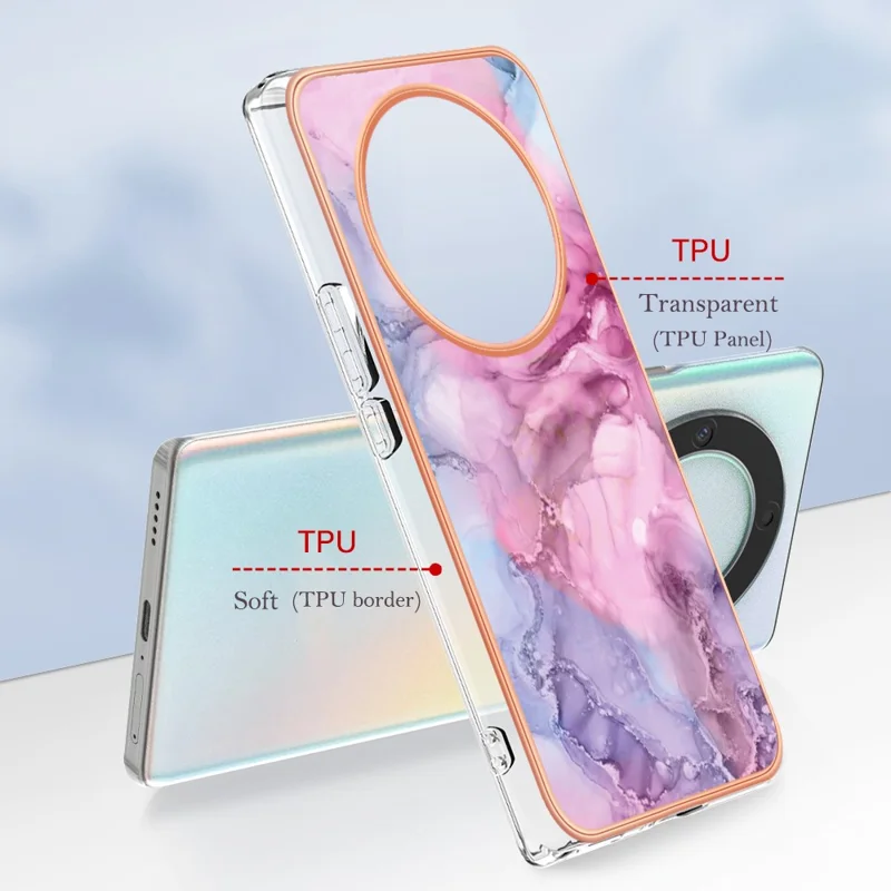YB IMD Series-16 Style E TPU Phone Case for Honor X9a 5G / Magic5 Lite 5G / X40 5G , Marble Pattern 2.0mm IMD Electroplating Cover - Rose