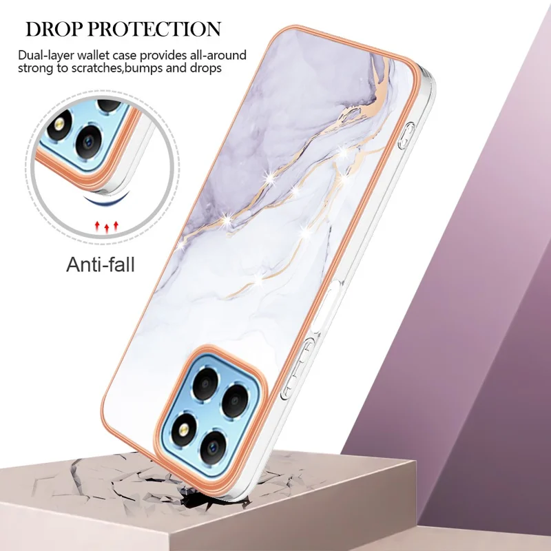 For Honor X8 5G TPU Case with IMD Marble Pattern Electroplated Back Cover - White 006