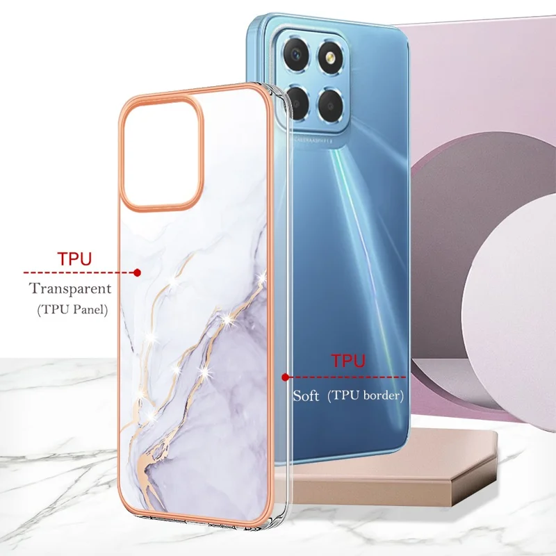 For Honor X8 5G TPU Case with IMD Marble Pattern Electroplated Back Cover - White 006