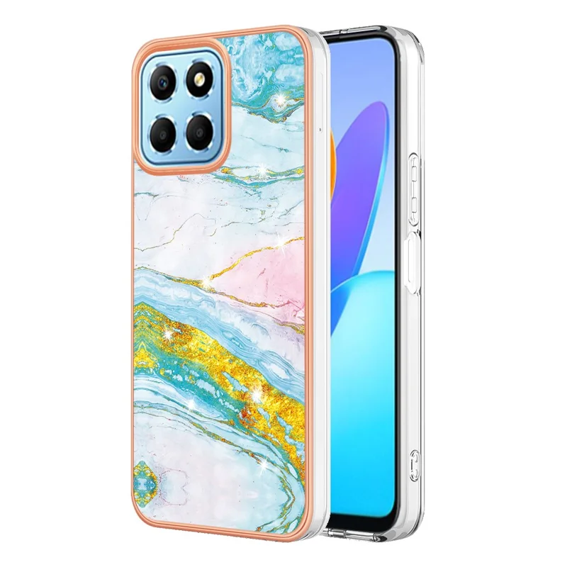For Honor X8 5G TPU Case with IMD Marble Pattern Electroplated Back Cover - Green 004