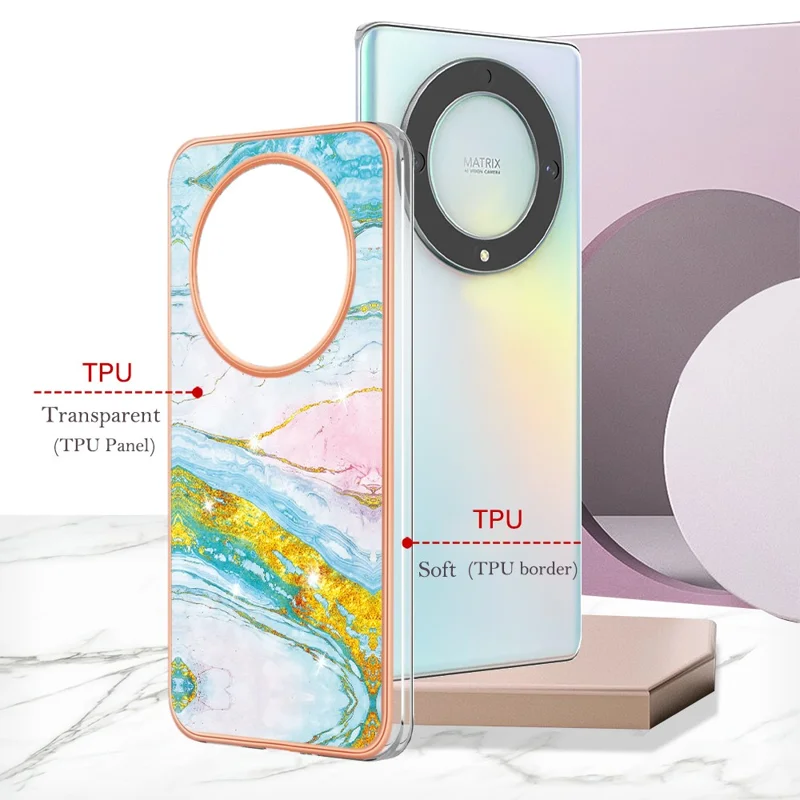 For Honor X9a 5G / Magic5 Lite 5G / X40 5G TPU Case with IMD Marble Pattern Electroplated Back Cover - Green 004