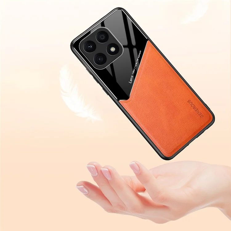 Funda de TPU + PC + Piel de PU para Honor X8a 4G, funda de teléfono resistente a los golpes, compatible con soporte de coche magnético - Naranja