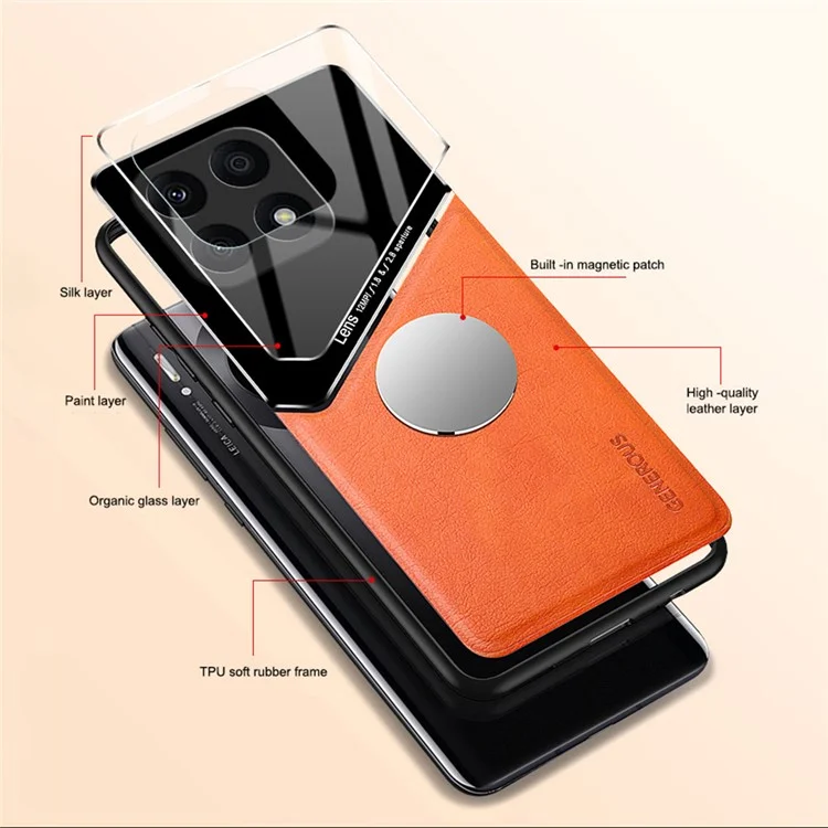 Funda de TPU + PC + Piel de PU para Honor X8a 4G, funda de teléfono resistente a los golpes, compatible con soporte de coche magnético - Naranja