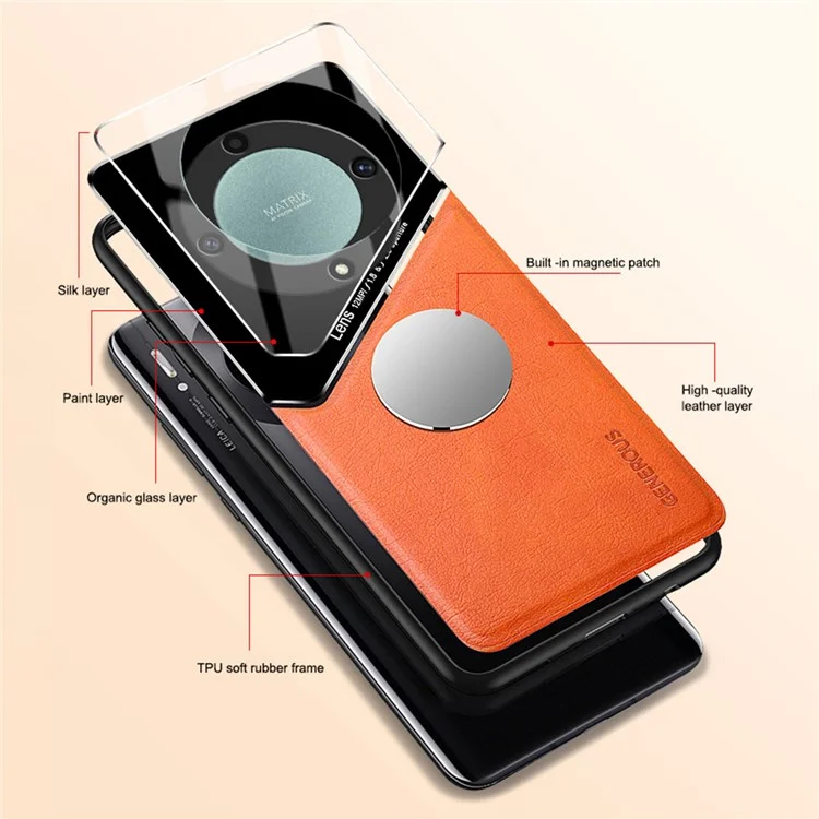TPU + PC + PU Leder Handyhülle für Honor X9a 5G Slim Phone Case mit Magnethalterung - Orange