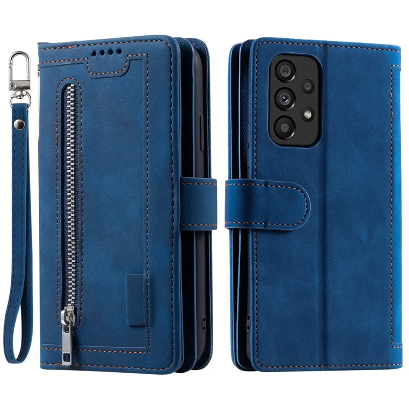 PU Leather Phone Case For Samsung Galaxy A33 5G , Zipper Pocket 9 Card Slots Phone Shell Cover - Blue