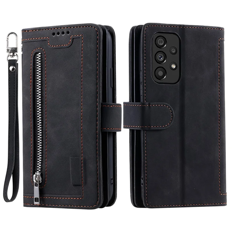 PU Leather Phone Case For Samsung Galaxy A33 5G , Zipper Pocket 9 Card Slots Phone Shell Cover - Black
