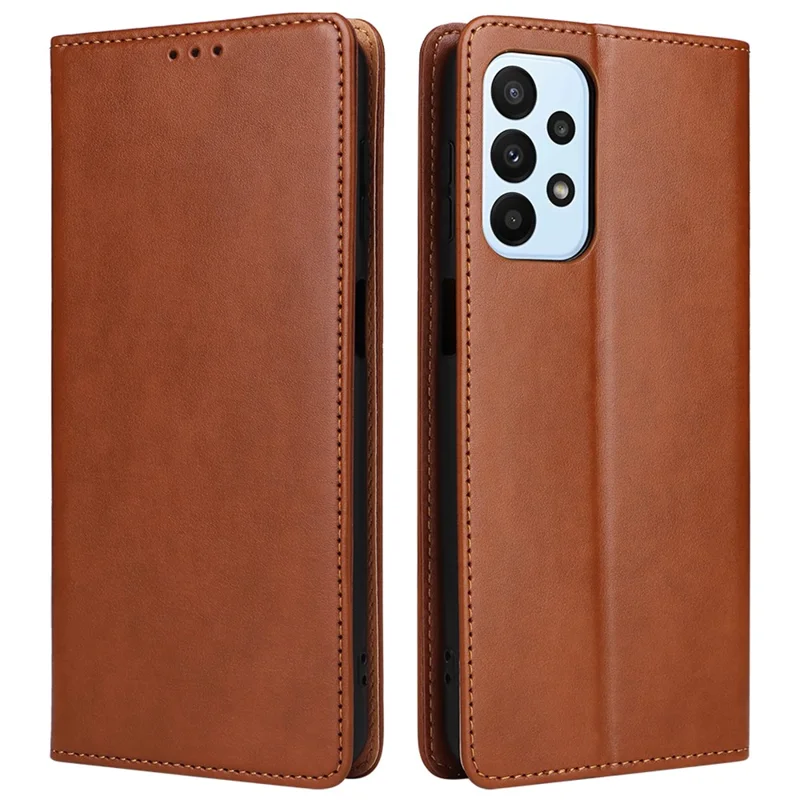 FIERRE SHANN for Samsung Galaxy A23 4G / A23 5G (Global Version) Folding Stand Phone Case PU Leather Wallet Smartphone Cover - Brown