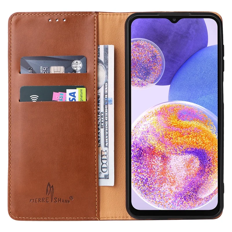 FIERRE SHANN for Samsung Galaxy A23 4G / A23 5G (Global Version) Folding Stand Phone Case PU Leather Wallet Smartphone Cover - Brown