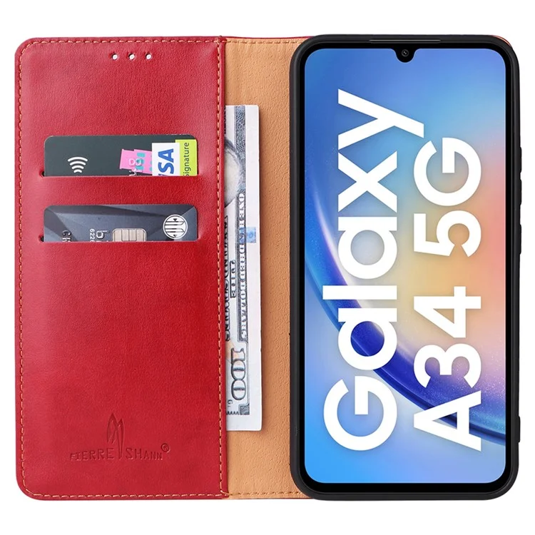 FIERRE SHANN For Samsung Galaxy A34 5G PU Leather Wallet Shockproof Cover Flip Stand Phone Case - Red