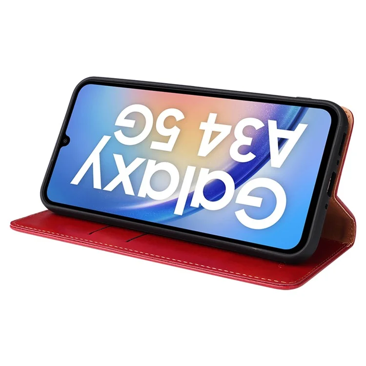 FIERRE SHANN For Samsung Galaxy A34 5G PU Leather Wallet Shockproof Cover Flip Stand Phone Case - Red