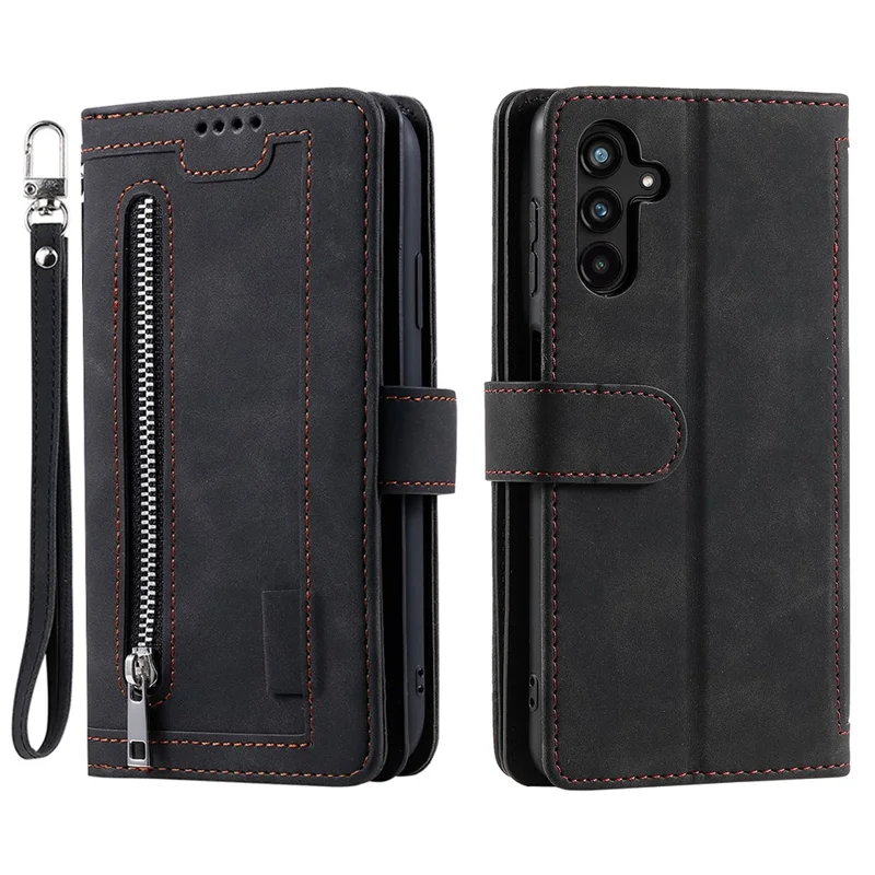 For Samsung Galaxy A24 4G (162.1 x 77.6 x 8.3mm) PU Leather Phone Case Zipper Pocket 9 Card Slots Protective Cover - Black