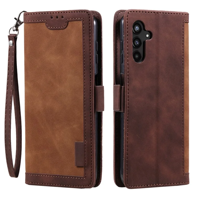 For Samsung Galaxy A24 4G (162.1 x 77.6 x 8.3mm) Leather Phone Case Stand Wallet Retro Color Splicing Cover with Strap - Brown
