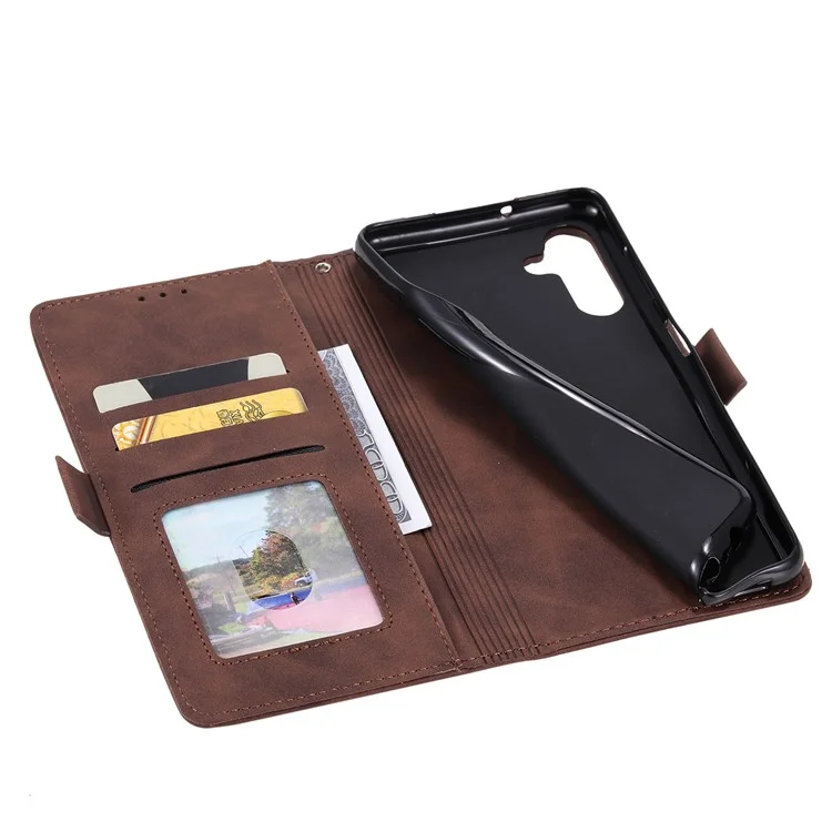 For Samsung Galaxy A24 4G (162.1 x 77.6 x 8.3mm) Leather Phone Case Stand Wallet Retro Color Splicing Cover with Strap - Brown