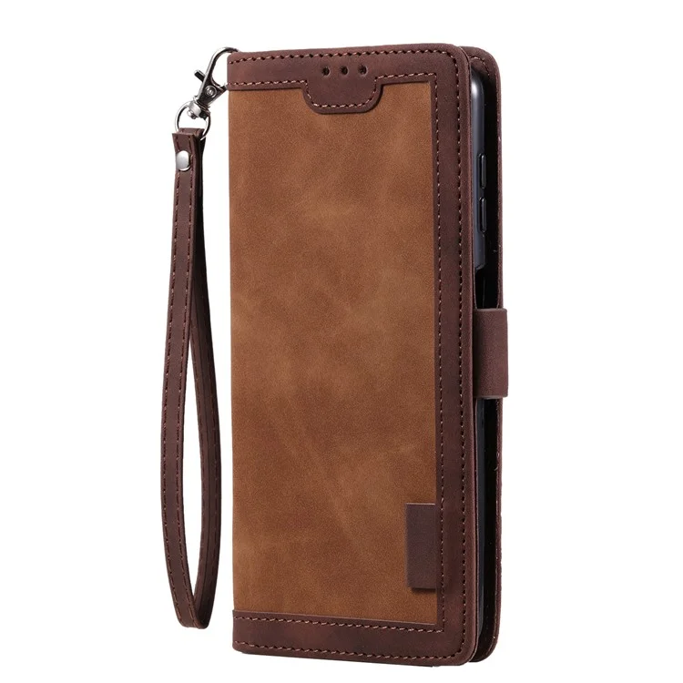 For Samsung Galaxy A24 4G (162.1 x 77.6 x 8.3mm) Leather Phone Case Stand Wallet Retro Color Splicing Cover with Strap - Brown