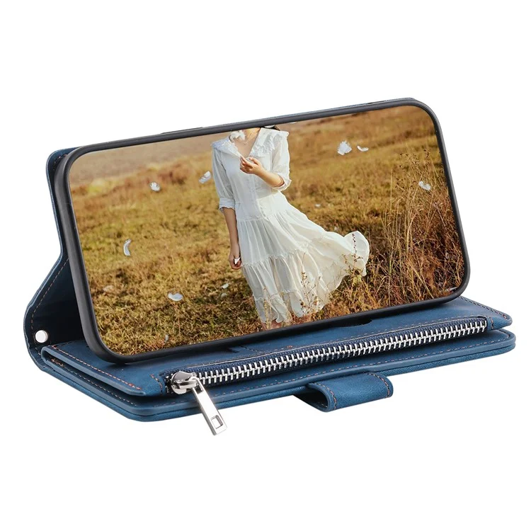 Reißverschluss-Handy-Geldbörse für Samsung Galaxy A34 5G PU-Leder-Cover Rhombus-Prägung Handy-Schale mit Gurt - Blau