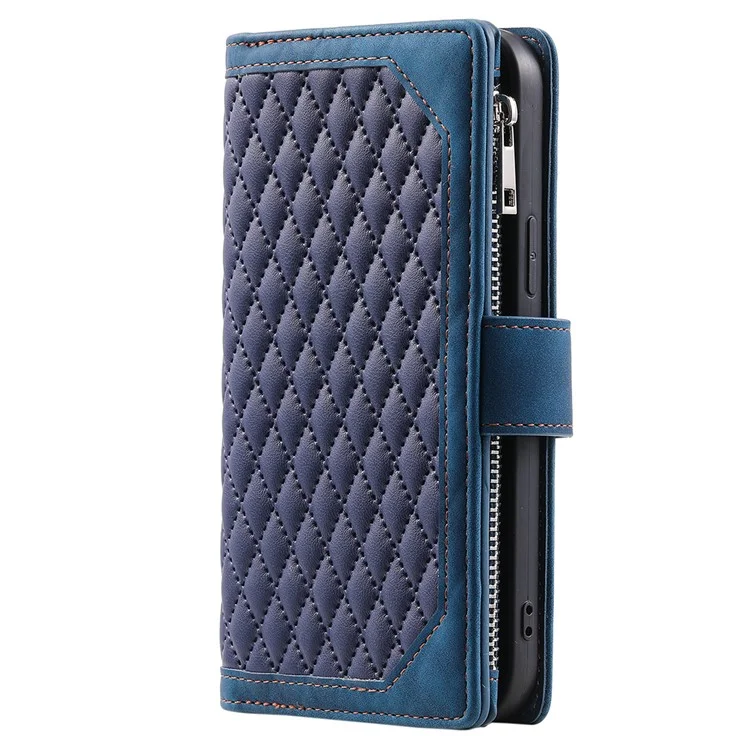 Reißverschluss-Handy-Geldbörse für Samsung Galaxy A34 5G PU-Leder-Cover Rhombus-Prägung Handy-Schale mit Gurt - Blau