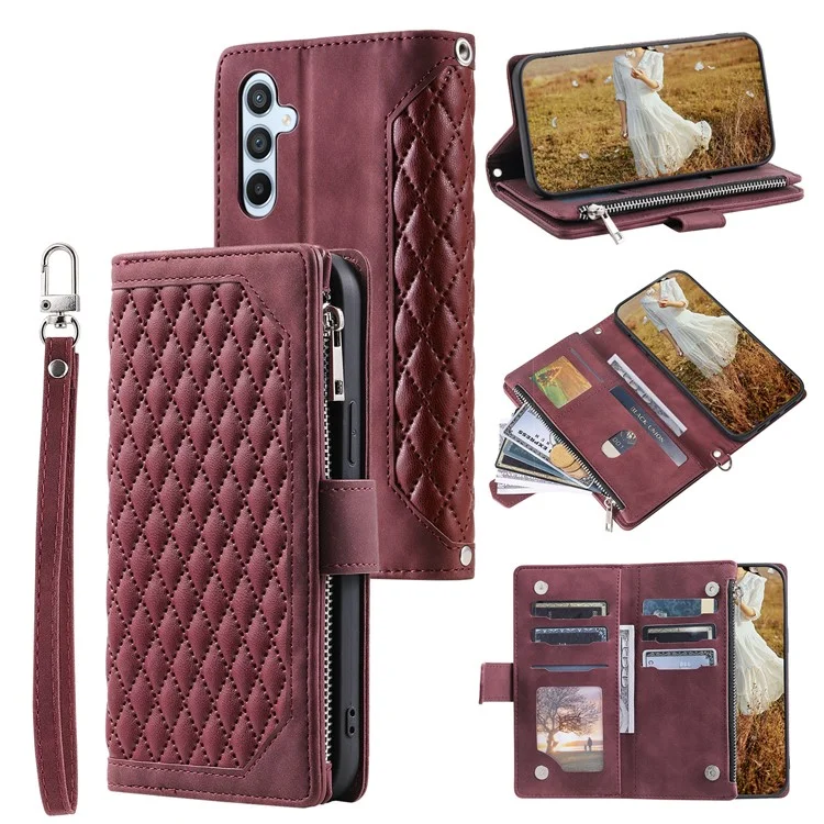 Para Samsung Galaxy A54 5G Anti-Dust PU Leather Phone Case Rhombus Texture Zipper Wallet Cover with Strap - Wine Red