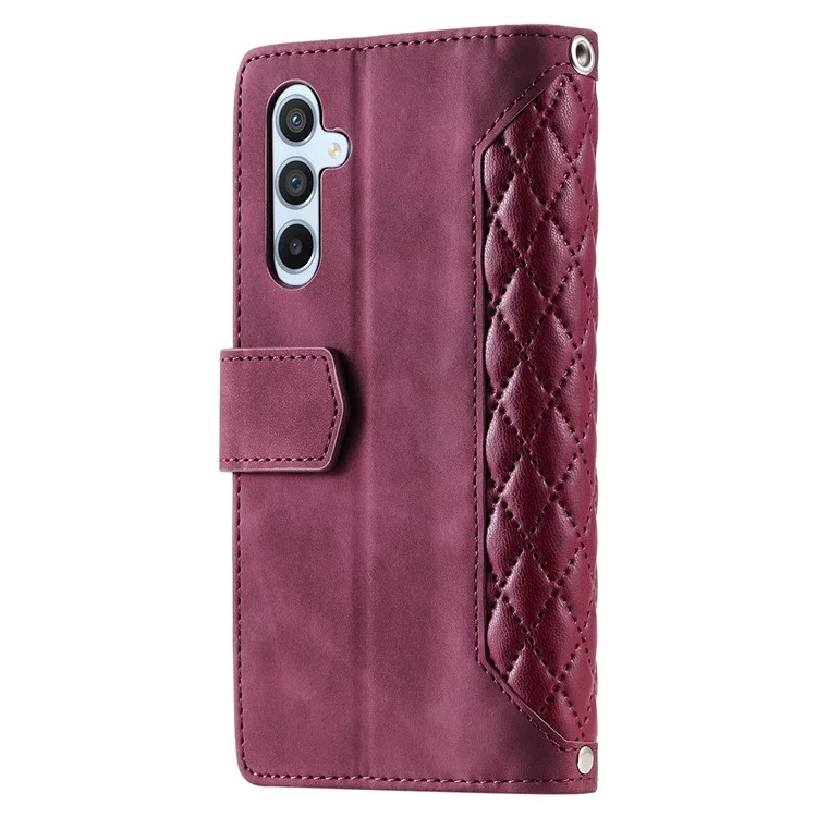 Para Samsung Galaxy A54 5G Anti-Dust PU Leather Phone Case Rhombus Texture Zipper Wallet Cover with Strap - Wine Red
