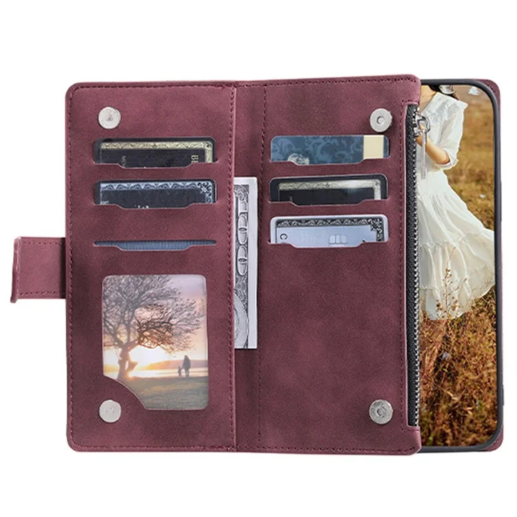 Para Samsung Galaxy A54 5G Anti-Dust PU Leather Phone Case Rhombus Texture Zipper Wallet Cover with Strap - Wine Red