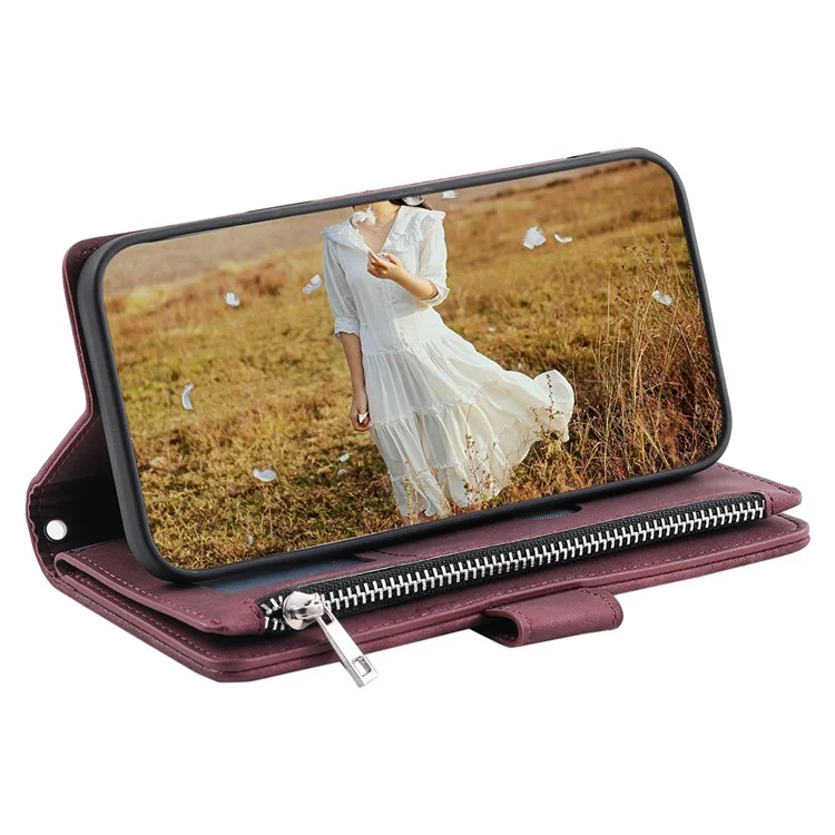 Para Samsung Galaxy A54 5G Anti-Dust PU Leather Phone Case Rhombus Texture Zipper Wallet Cover with Strap - Wine Red