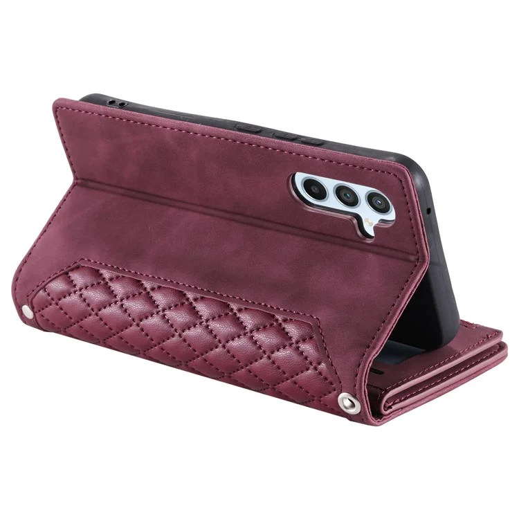 Para Samsung Galaxy A54 5G Anti-Dust PU Leather Phone Case Rhombus Texture Zipper Wallet Cover with Strap - Wine Red
