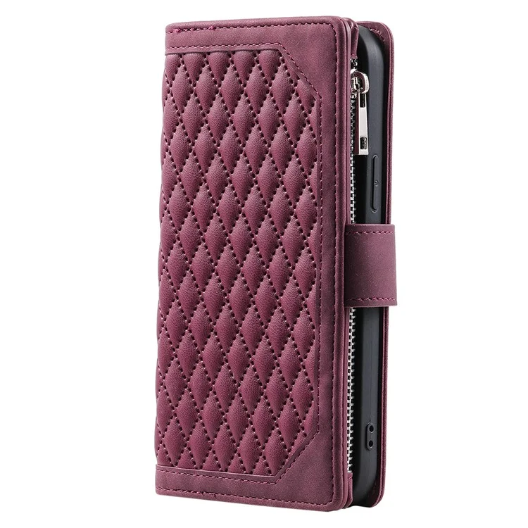 Para Samsung Galaxy A54 5G Anti-Dust PU Leather Phone Case Rhombus Texture Zipper Wallet Cover with Strap - Wine Red