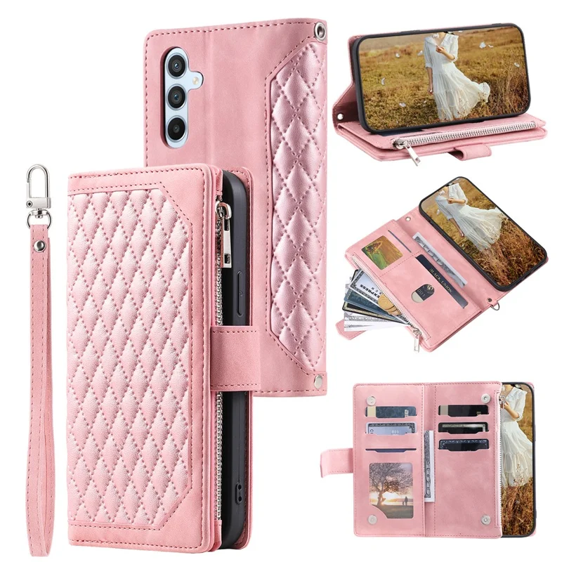 For Samsung Galaxy A14 5G / 4G PU Leather Phone Case Rhombus Imprinted Zipper Wallet Cover with Strap - Rose Gold