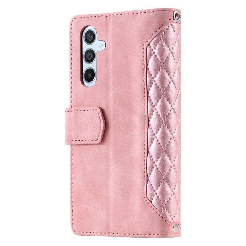 For Samsung Galaxy A14 5G / 4G PU Leather Phone Case Rhombus Imprinted Zipper Wallet Cover with Strap - Rose Gold