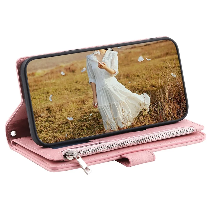 For Samsung Galaxy A14 5G / 4G PU Leather Phone Case Rhombus Imprinted Zipper Wallet Cover with Strap - Rose Gold