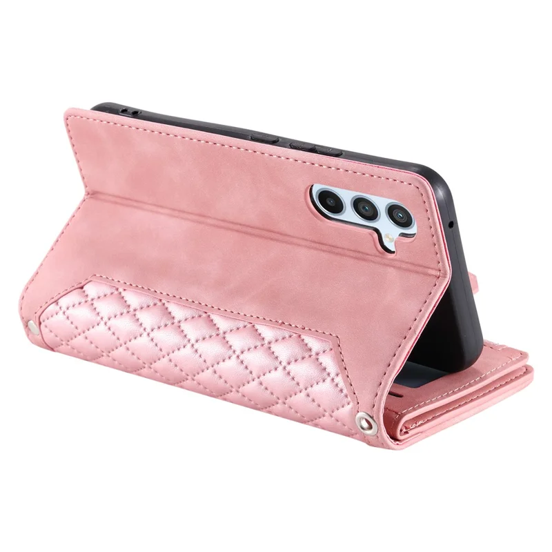 For Samsung Galaxy A14 5G / 4G PU Leather Phone Case Rhombus Imprinted Zipper Wallet Cover with Strap - Rose Gold