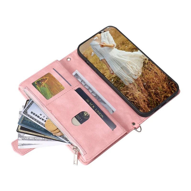 For Samsung Galaxy A14 5G / 4G PU Leather Phone Case Rhombus Imprinted Zipper Wallet Cover with Strap - Rose Gold