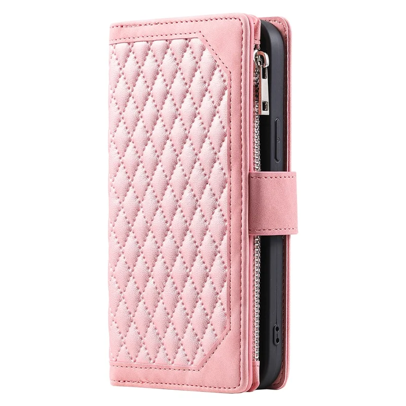 For Samsung Galaxy A14 5G / 4G PU Leather Phone Case Rhombus Imprinted Zipper Wallet Cover with Strap - Rose Gold