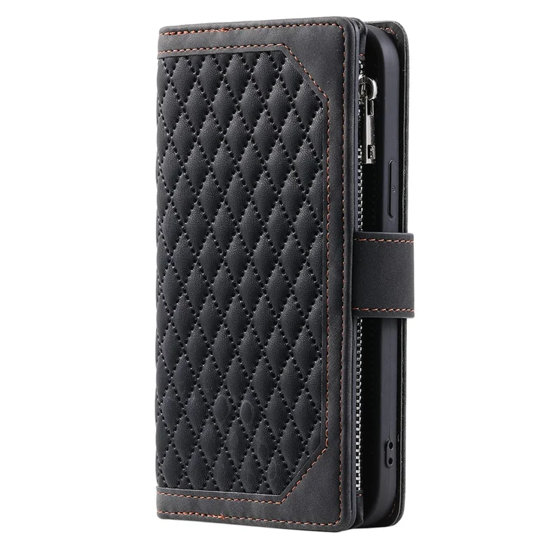 For Samsung Galaxy A14 5G / 4G PU Leather Phone Case Rhombus Imprinted Zipper Wallet Cover with Strap - Black