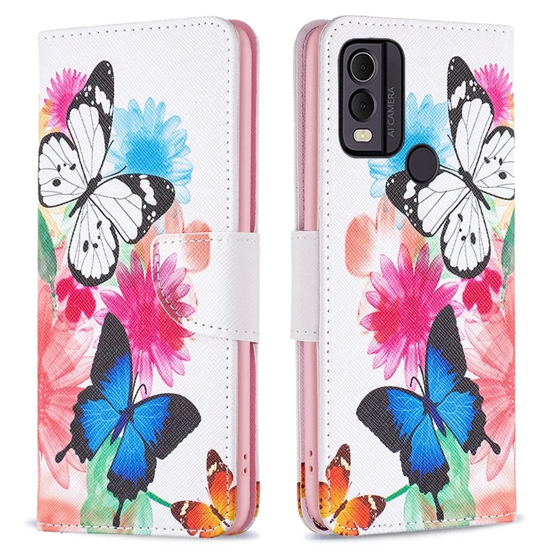 Funda de cartera con tapa con impresión de patrones de piel sintética para Nokia C22 con soporte - Dos mariposas