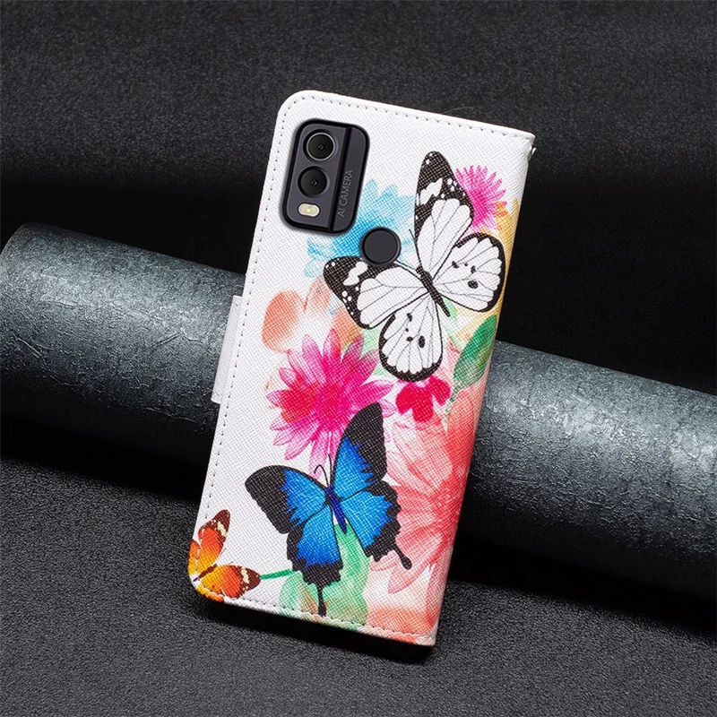 Funda de cartera con tapa con impresión de patrones de piel sintética para Nokia C22 con soporte - Dos mariposas